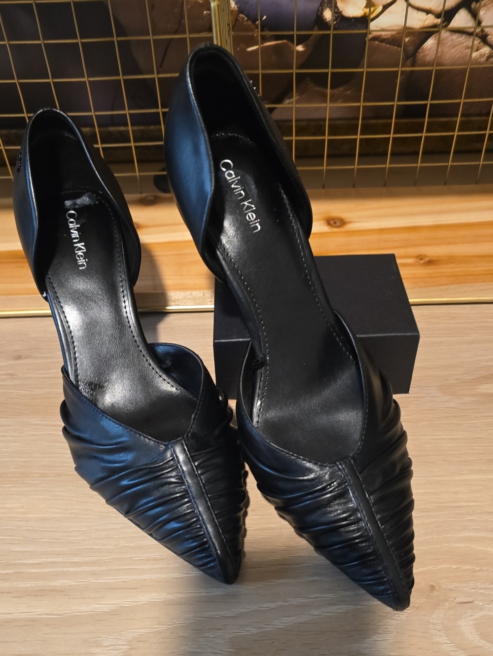 Calvin Klein Black Pointed D’Orsay Ruched Leather Heels